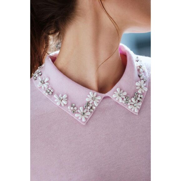 Purple Lilac Zara Pointed Jewel Rhinestone Bead Embellished Collar Knit Sweater - Picture 2 of 7